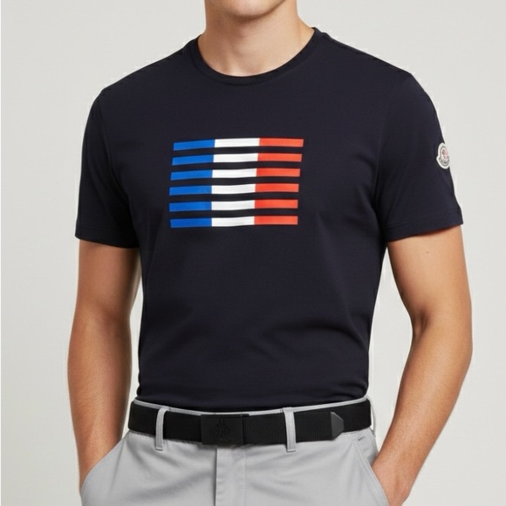 MONCLER Maglia Tricolor Flag Logo T-Shirt Navy